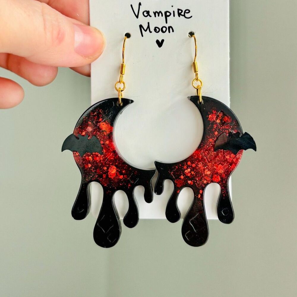 Crescent Moon Earrings Blood Red Gothic Jewelry, Dark Romantic Vampire Halloween